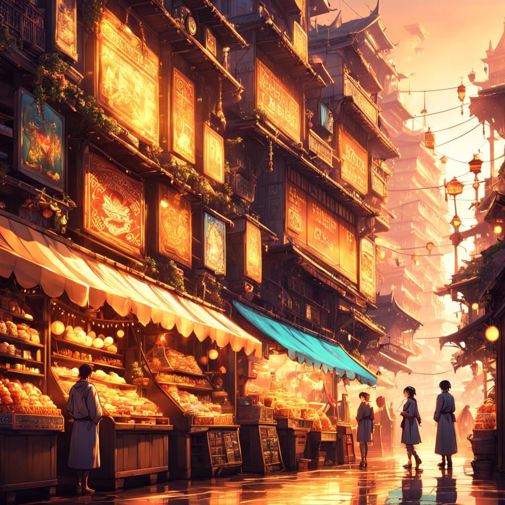 Retro-Futuristic Marketplace With Robot Merchant