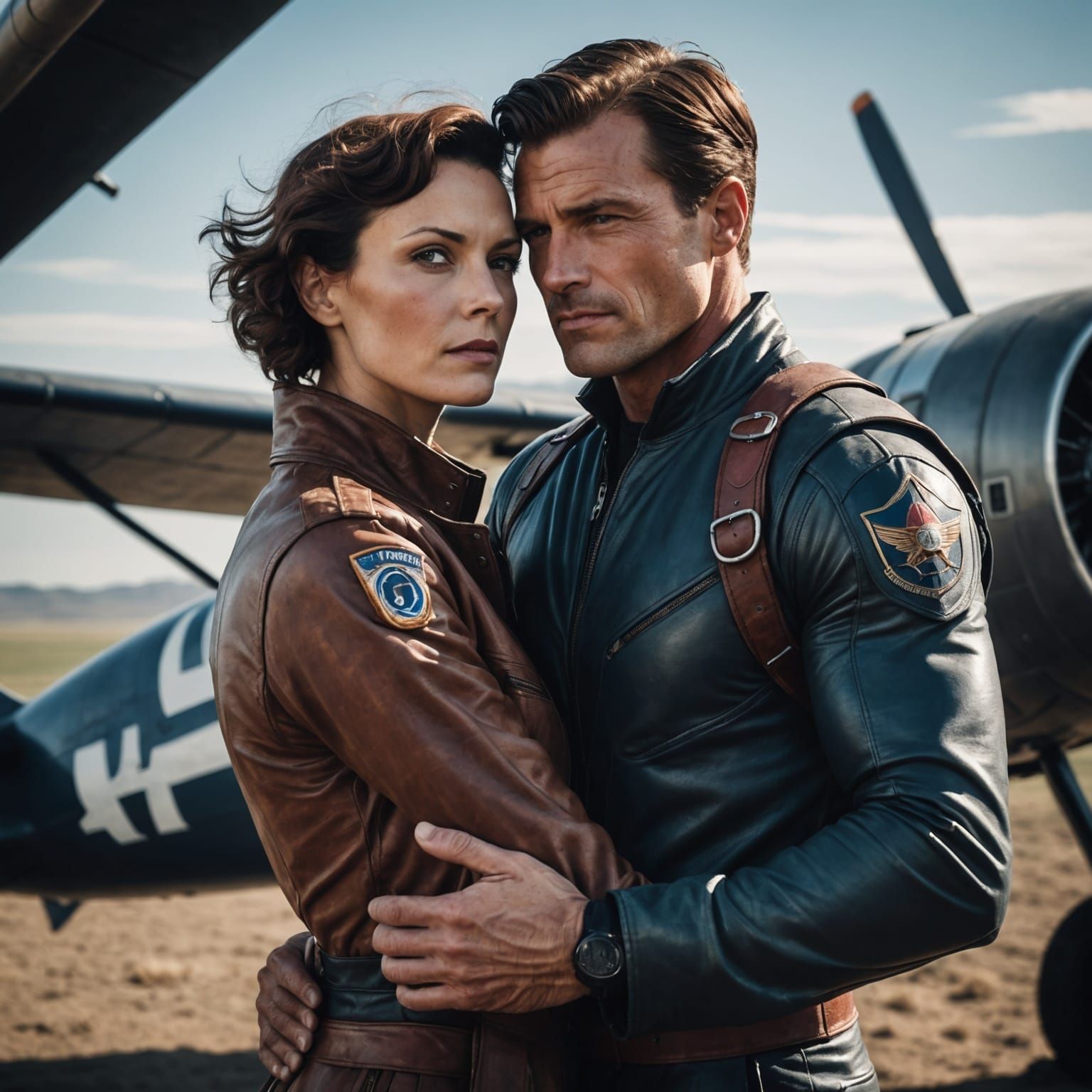 Superhero and Aviatrix Embrace in Comic Book Style