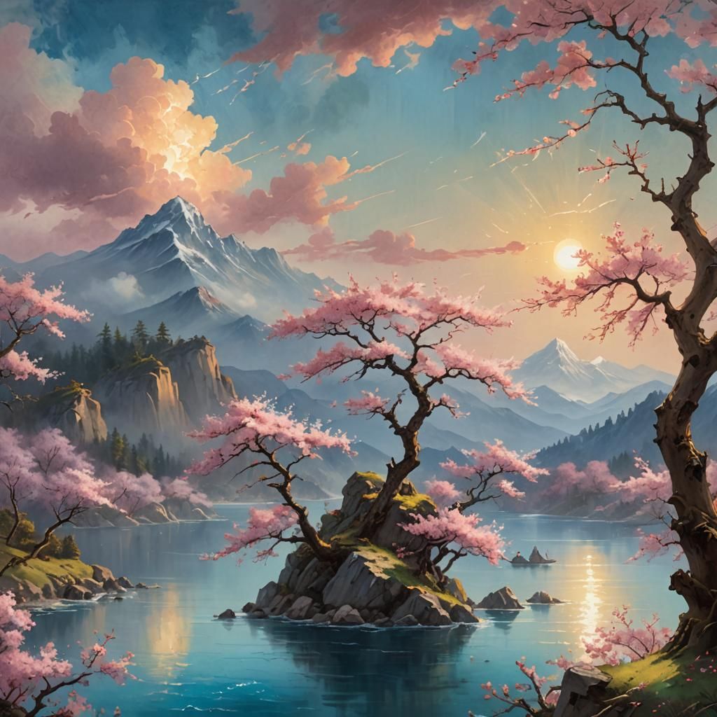 Mountain Lake with Cherry Blossom Tree in Naturalism Style