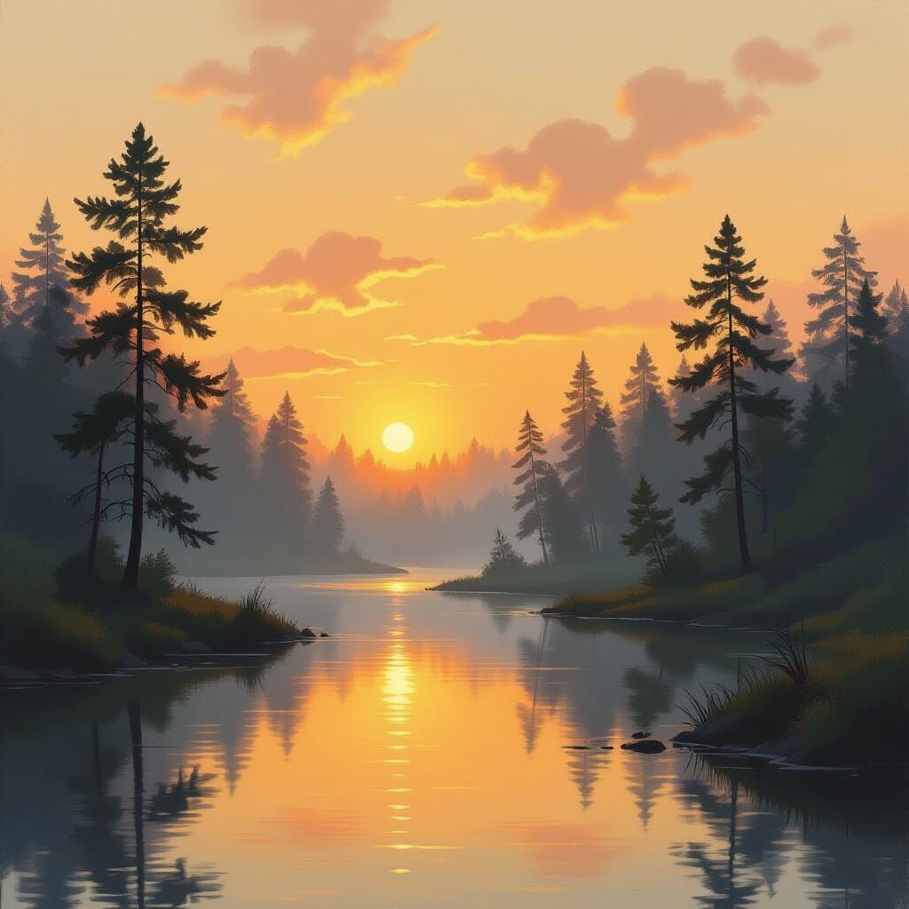 Misty Forest River at Dawn: Romantic Landscape Art