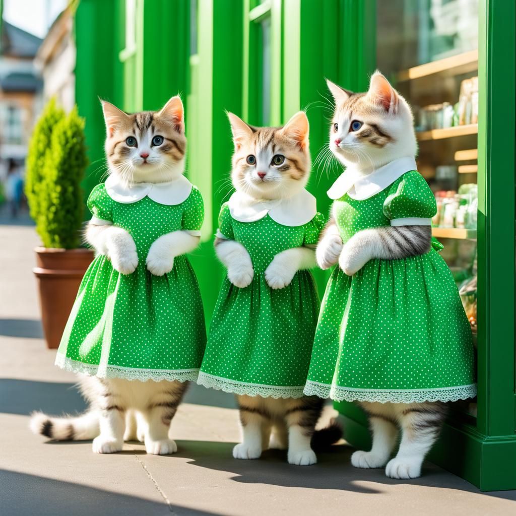 Anthropomorphic Kittens in Front of Green Store