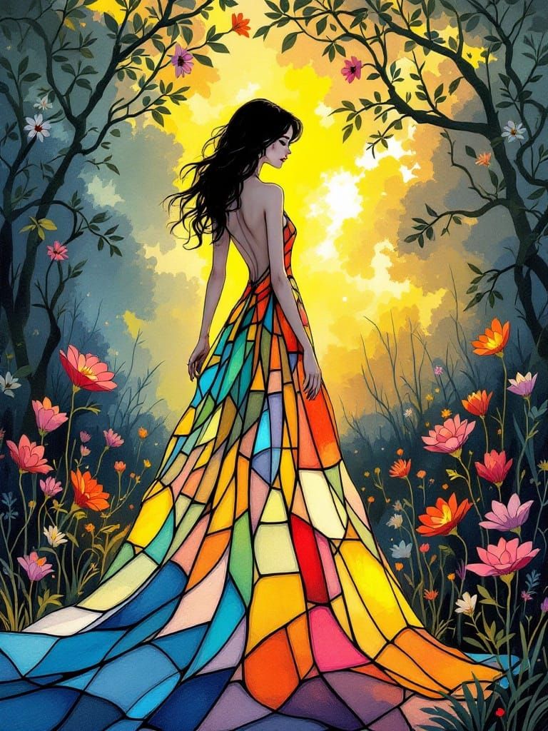 Graffiti-Inspired Stained Glass Goddess at Sunset