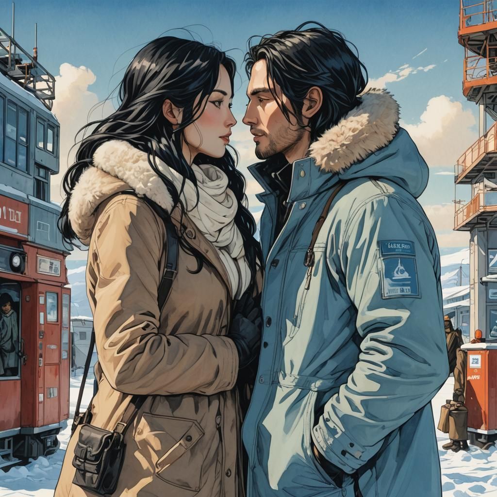 Couple Kissing at South Pole Station in Animé Style