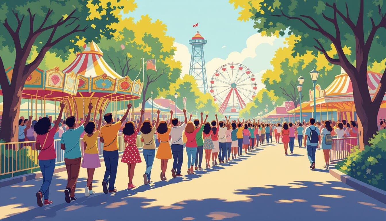 Joyful Amusement Park Queue Under Sunny Skies