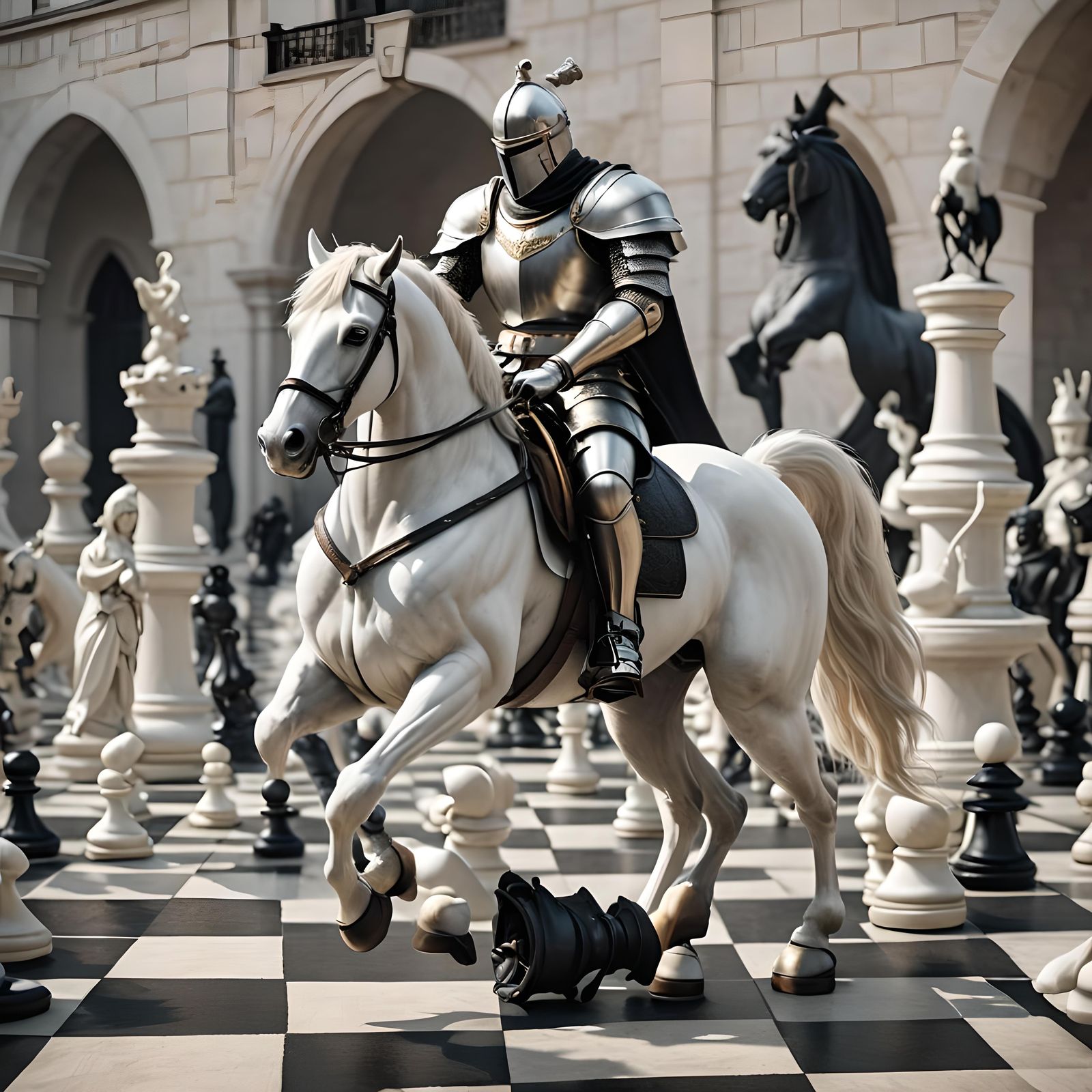 3d image of a White knight riding a beautiful white stallion...