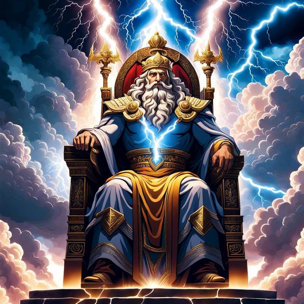Zeus on Cloud Throne with Lightning Bolt
