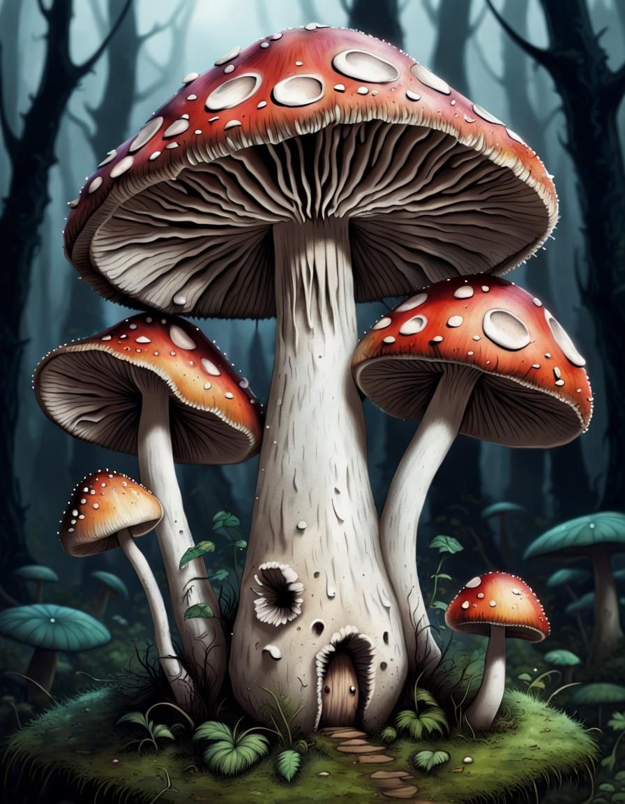 Hyperdetailed Mushroom in a Dark Whimsical Style