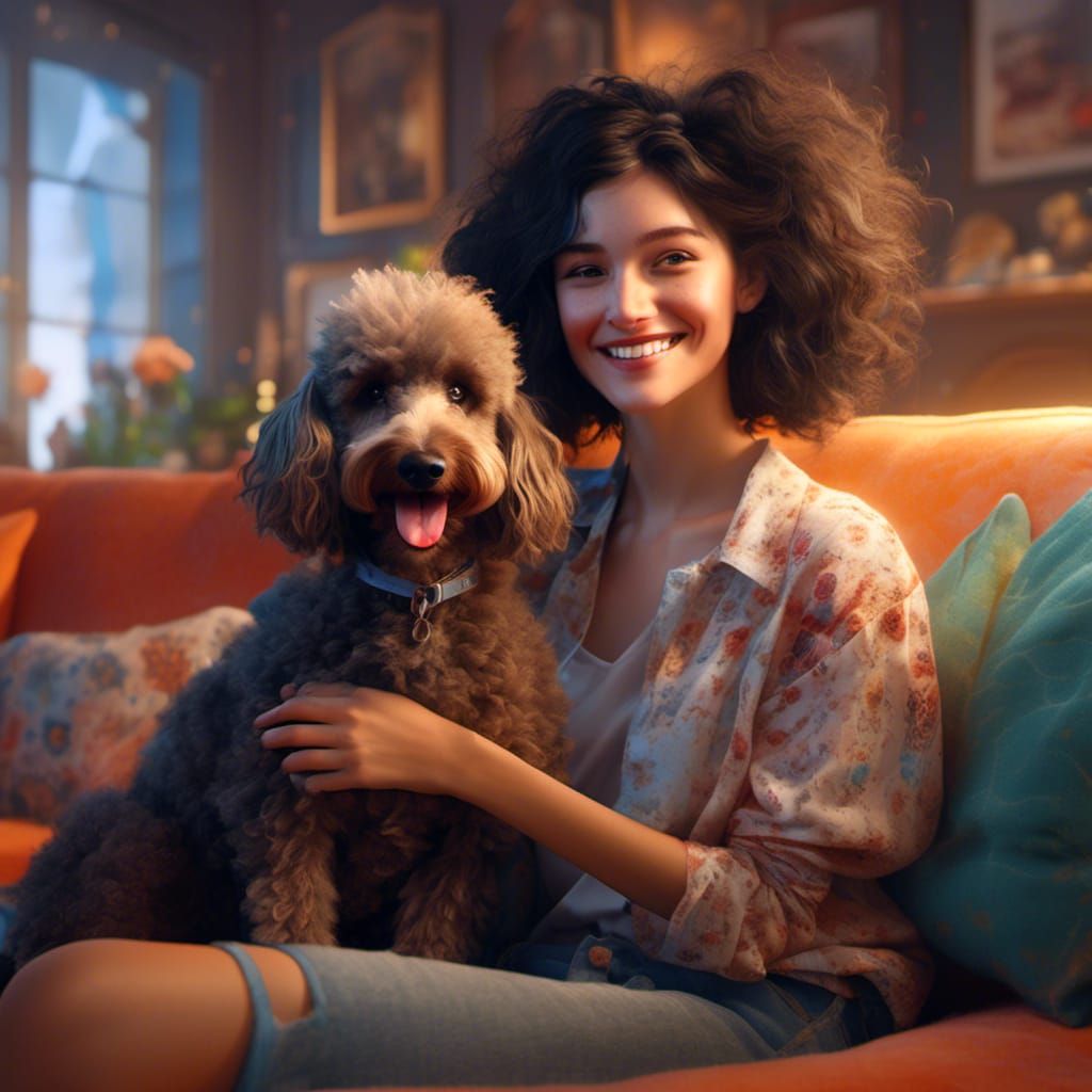 Woman Cuddling Poodle Portrait in Hyperreal Style