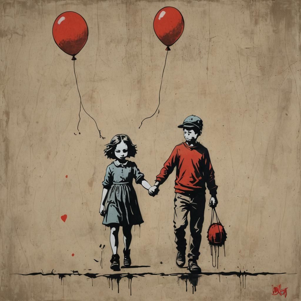 Whimsical Drawing of Children with Balloon in Banksy Style