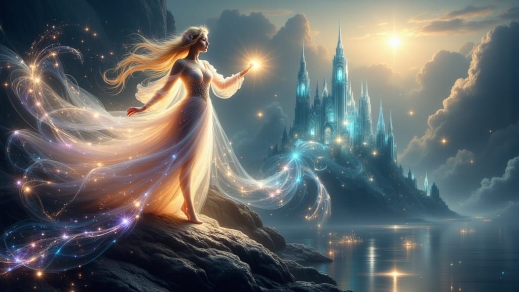 Celestial Mage Casts Ethereal Magic in Dreamy Landscape