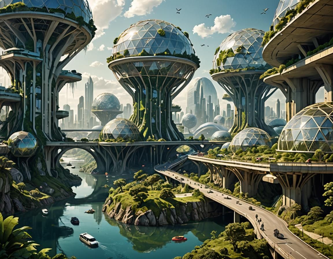 Futuristic Coastal City with Geodesic Domes