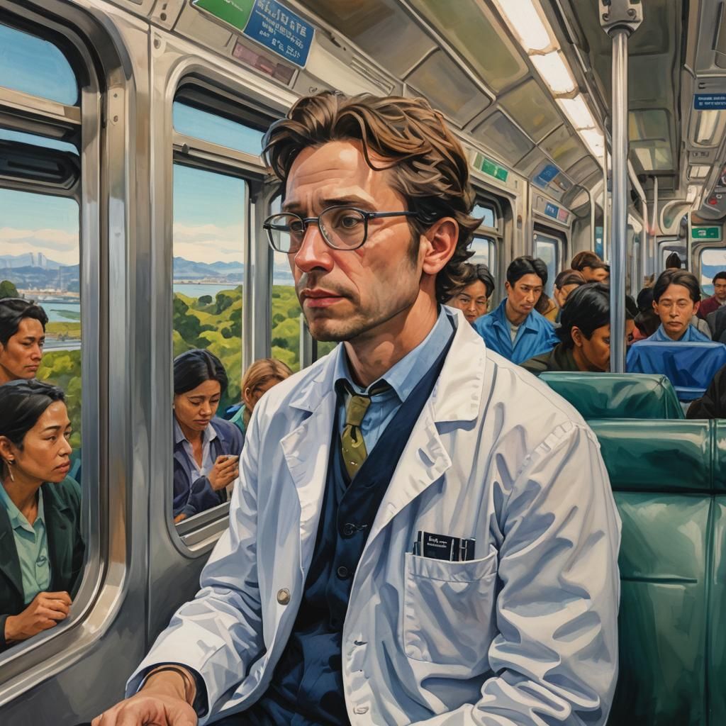 Scientist on BART Train: Gouache Painting of Bay Area