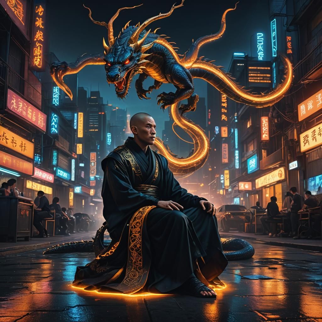 Cyberpunk Monk Meditating in Neon Cityscape