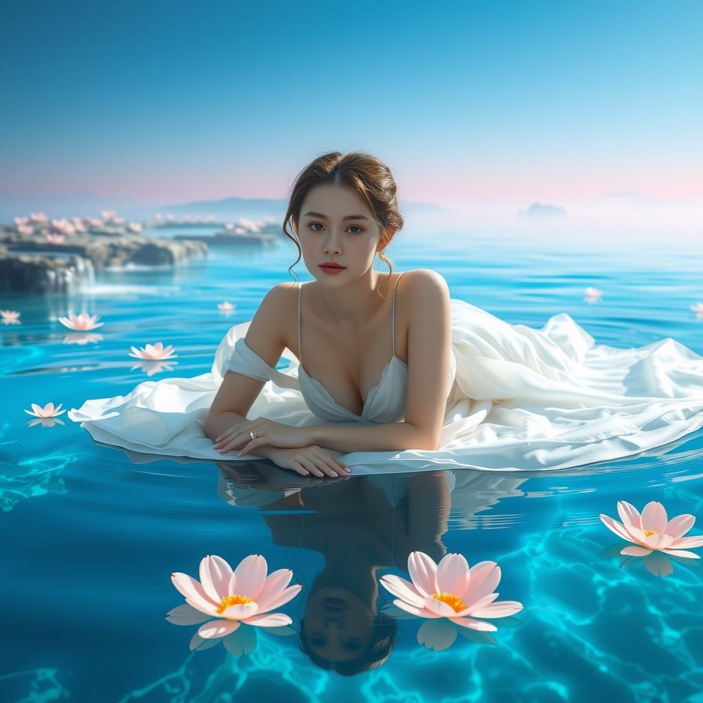 Ethereal Woman in Floating Garden, Futuristic Ambiance