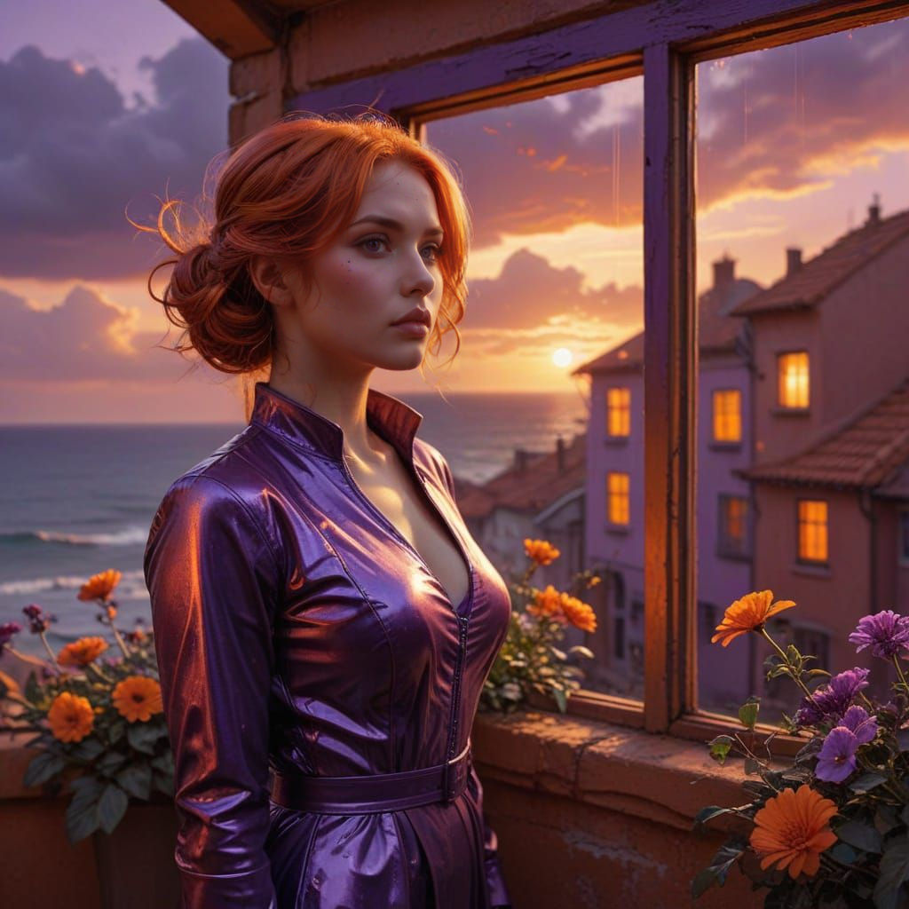 Deep Purple Sky with Orange Hues and Geometric Bauhaus Influ...