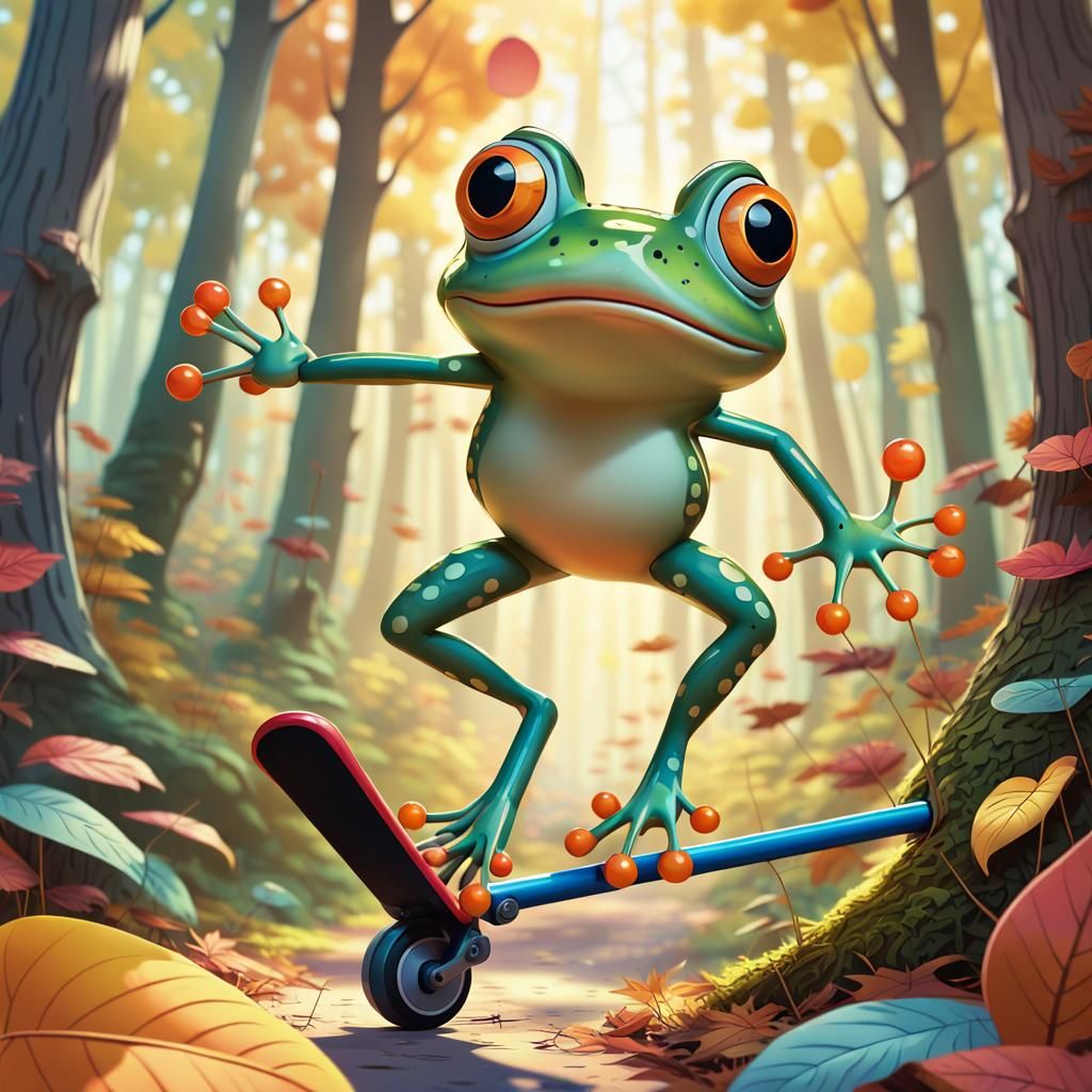 Frog on Pogo Stick in Whimsical Cartoon Forest