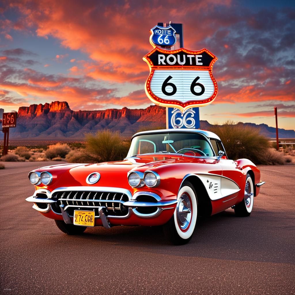 Classic 1960 Corvette on Route 66 at Sunset