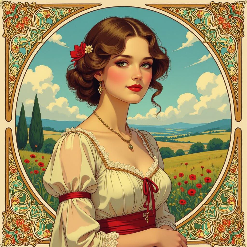 Elegant Woman in Landscape, Alphonso Mucha Style