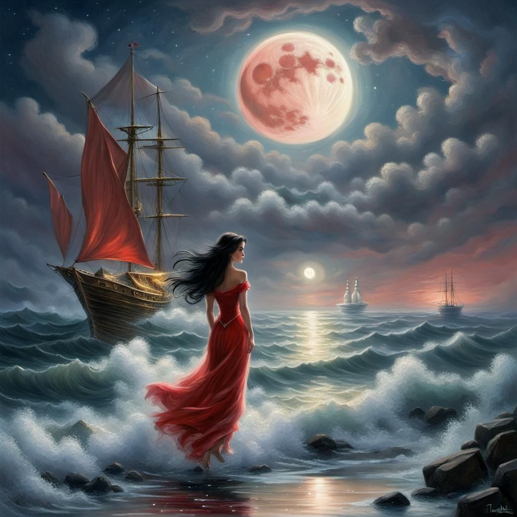 Woman in Red Dress Under Moonlight, Ethereal Fantasy