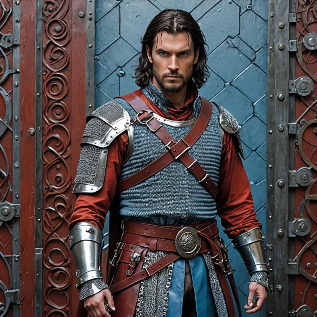 Medieval Cosplayer Against Futuristic Wall, Impressionist St...