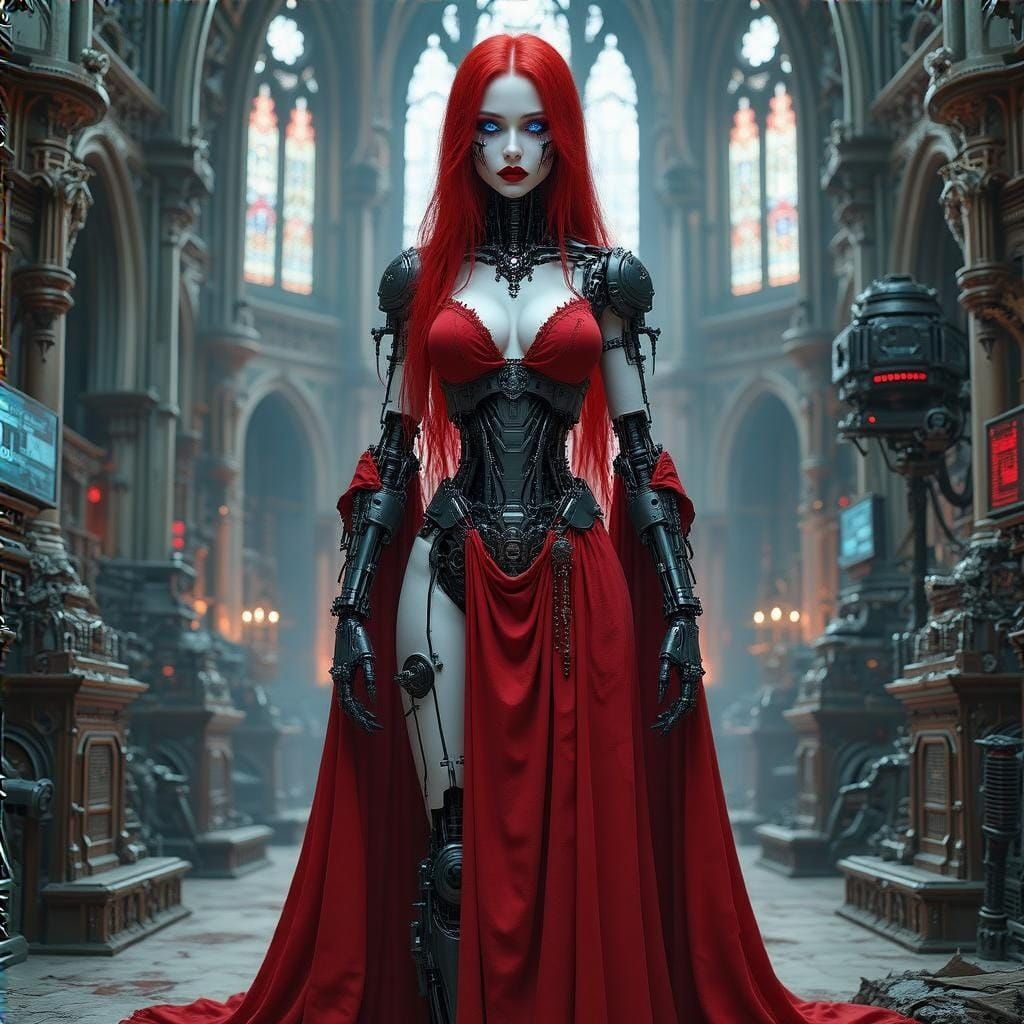 Female Cyborg in Gothic Science Fiction Cathedral