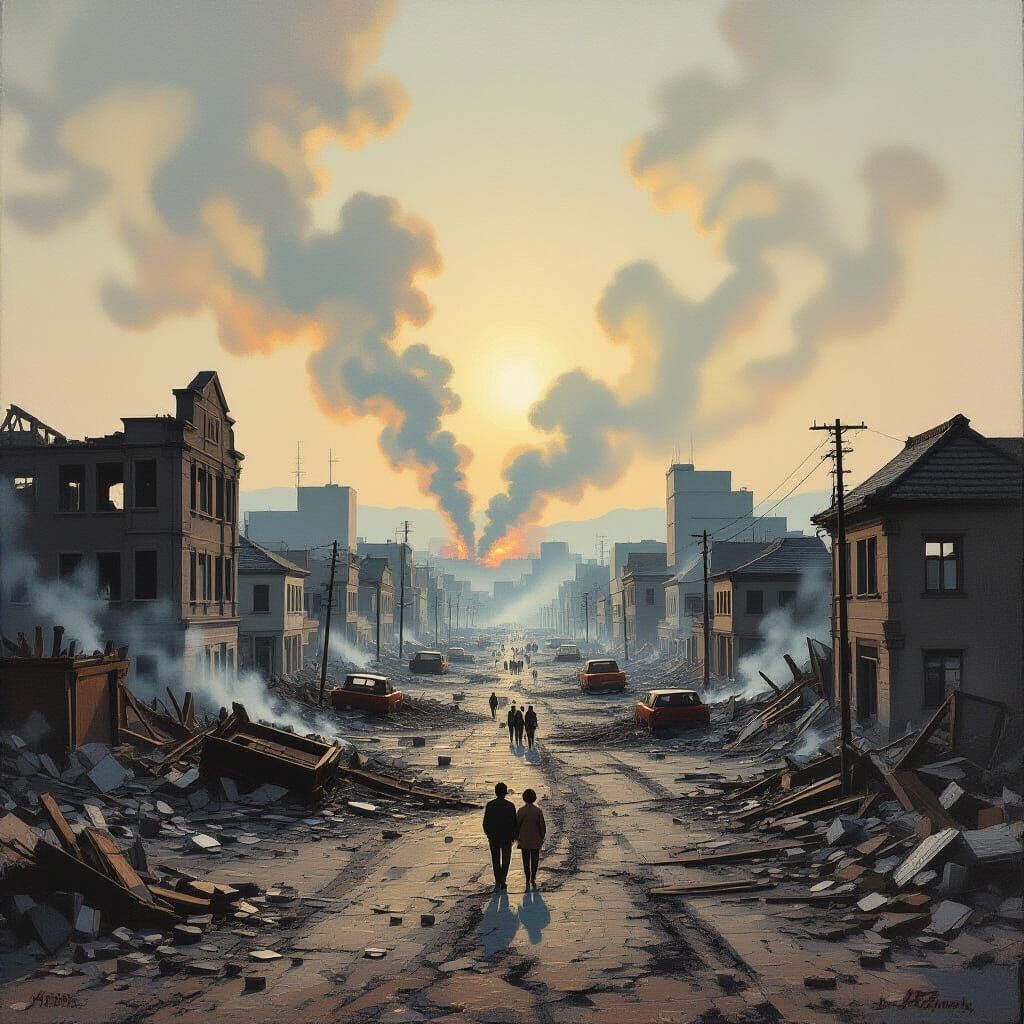 Devastated Hiroshima Landscape in Neo-Impressionist Style
