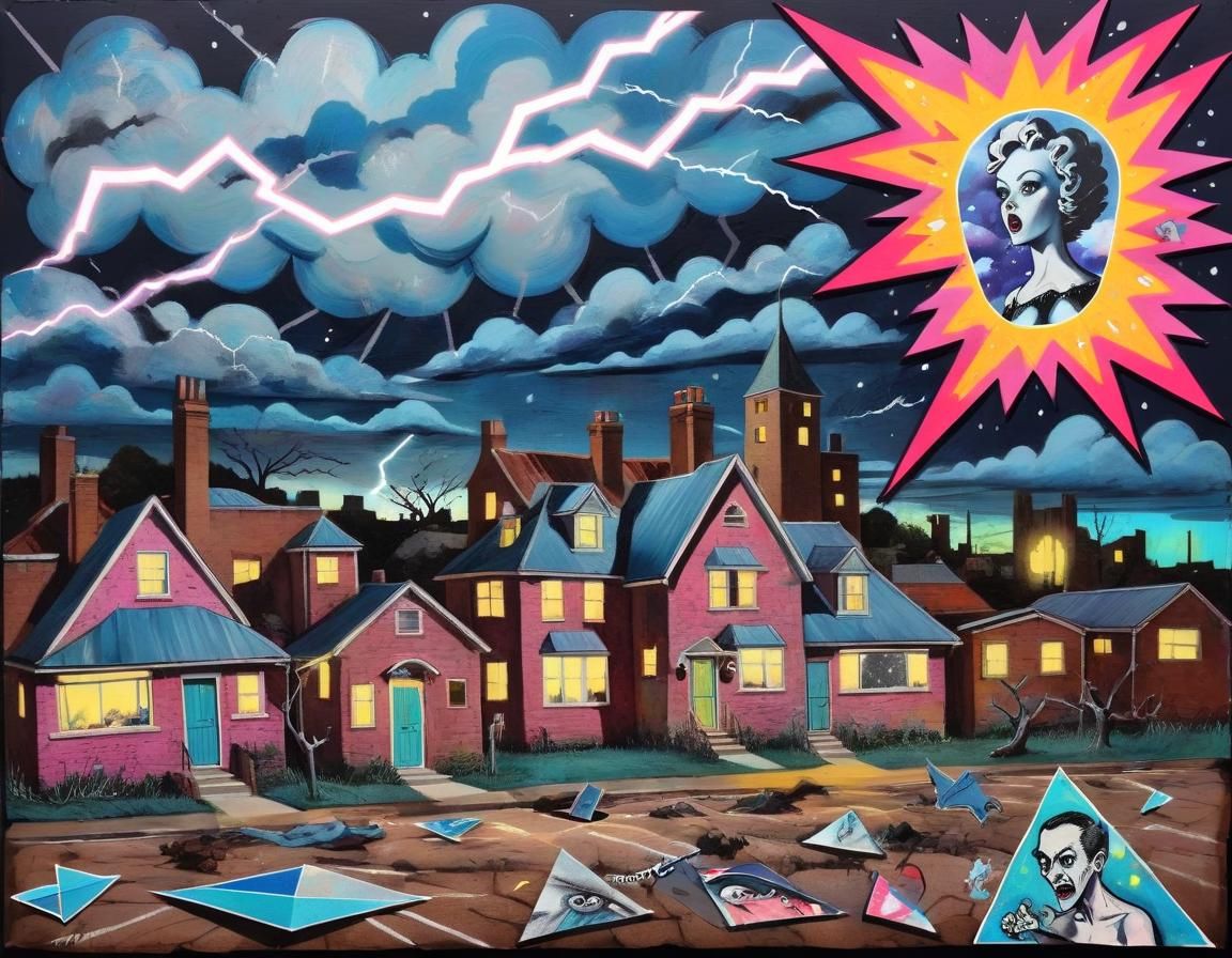 Folk Art Collage Dreamscape with Geometric Elements