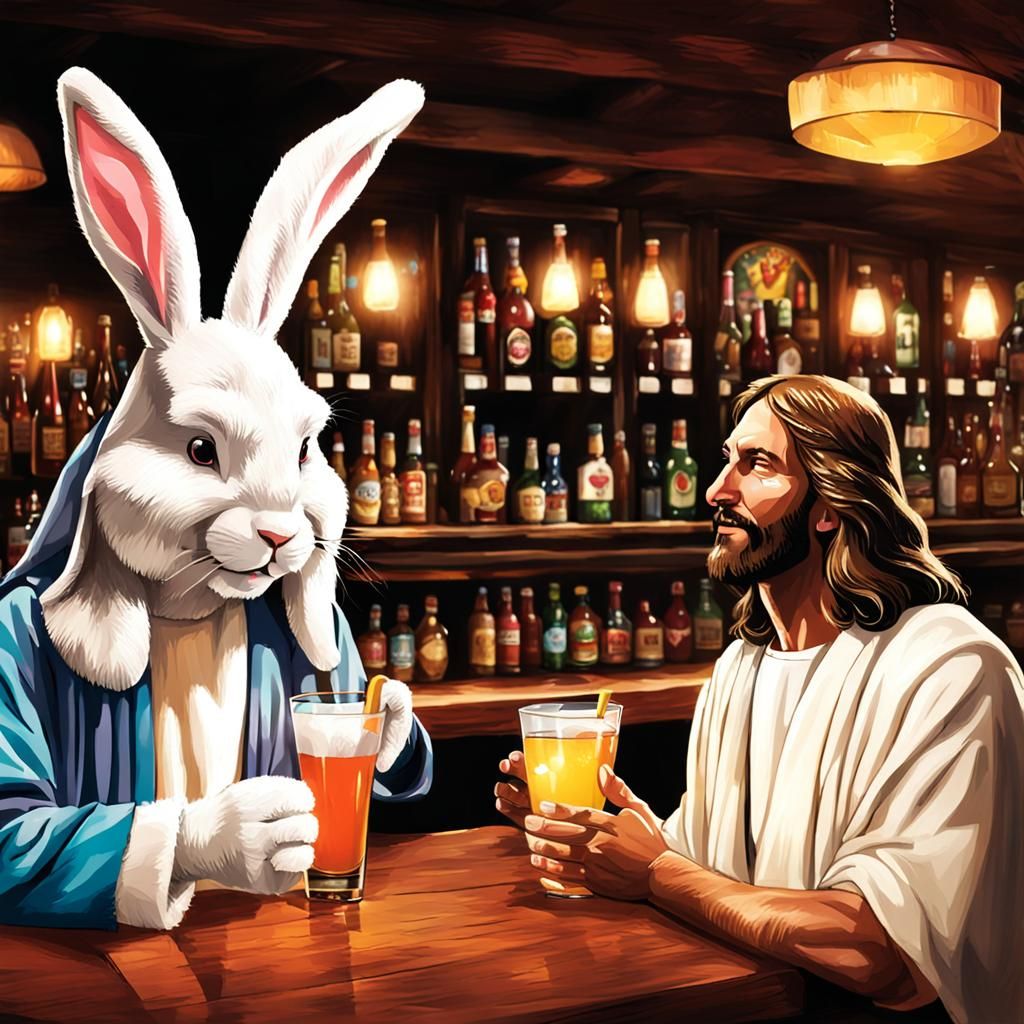 Jesus and Easter Bunny at a Bar