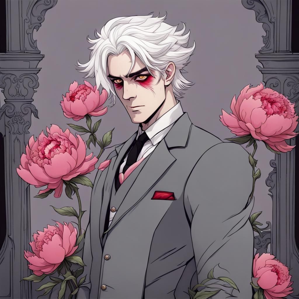 Gothic Man with Peony in Burton Cartoon Style