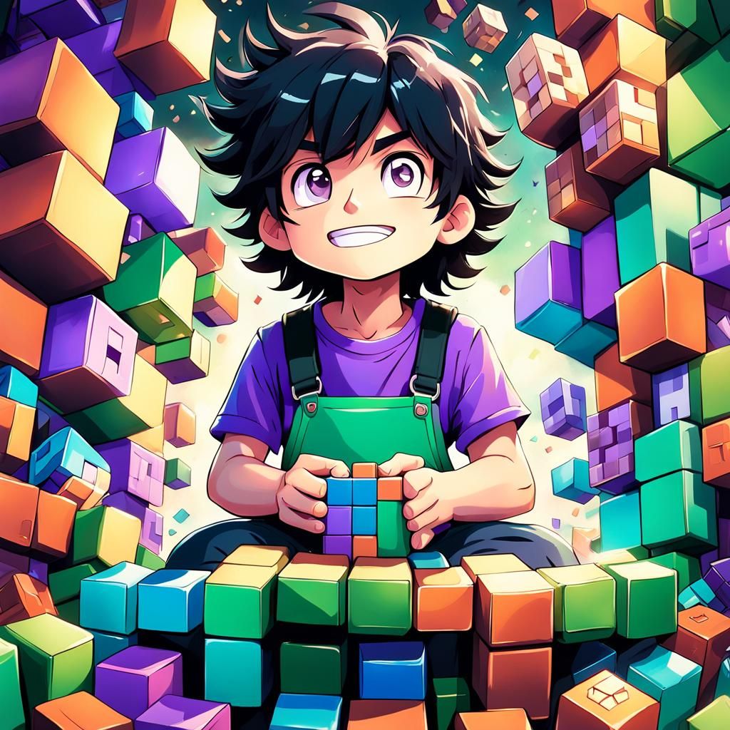 Anime Boy with Minecraft Blocks in Fantasy Art