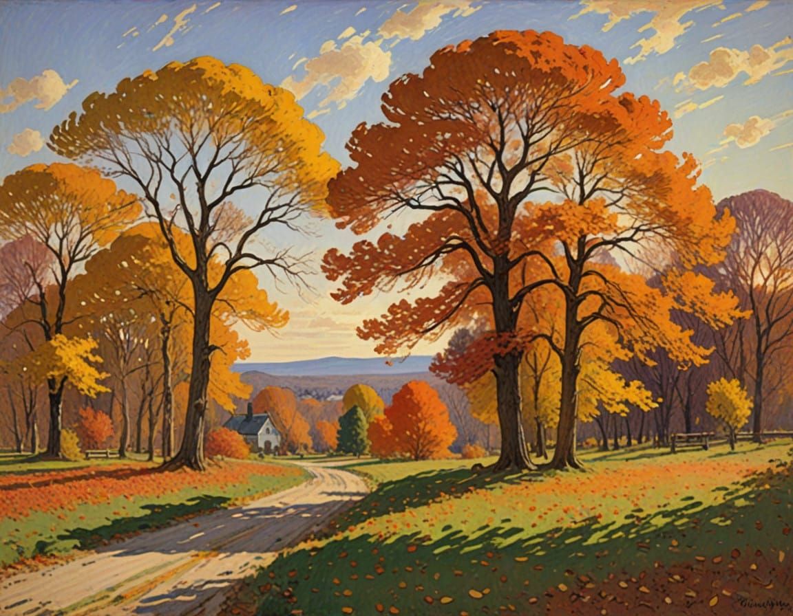 Golden Autumn Landscape in Impressionist Style