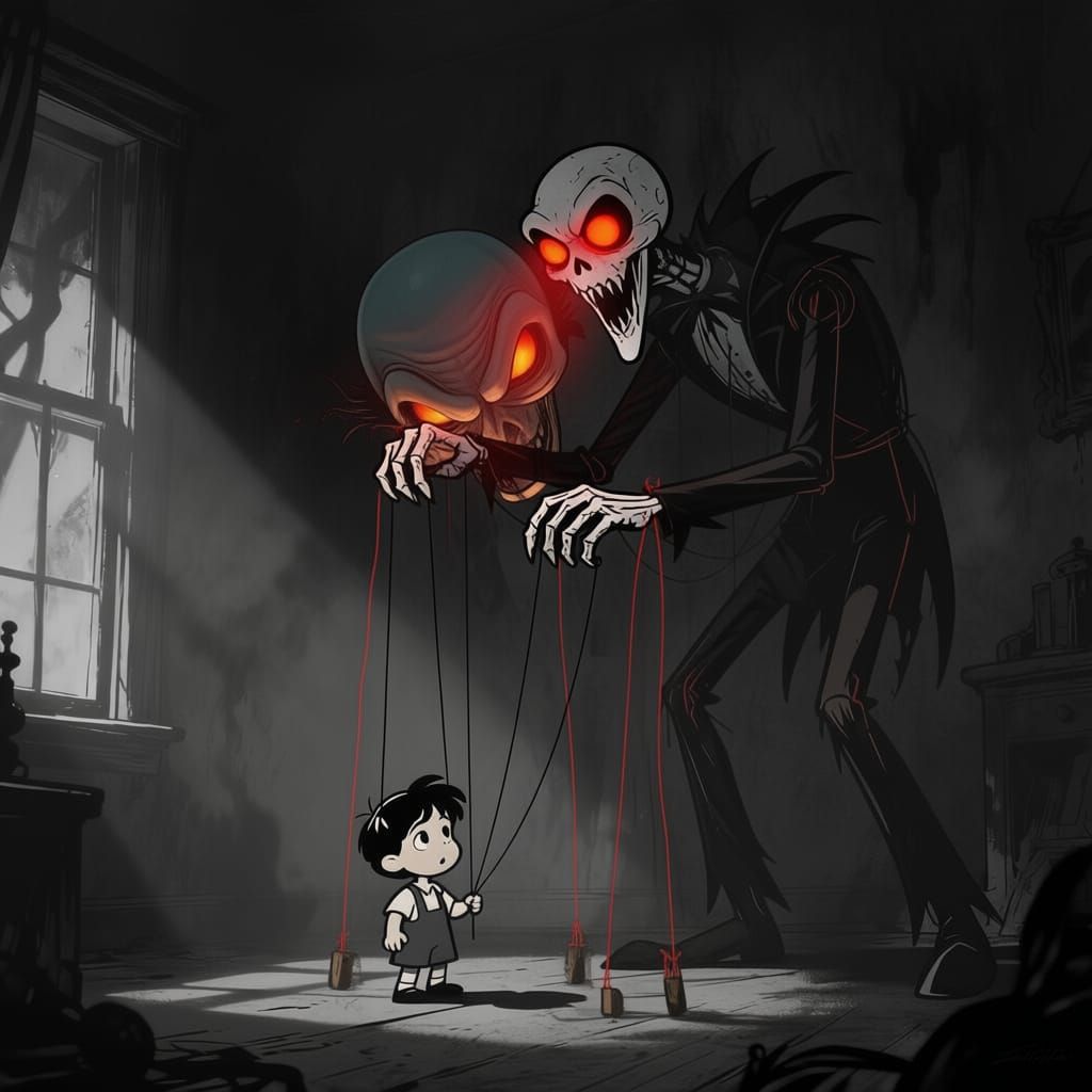 Horror Marionette Controls Child in Shadowy Room