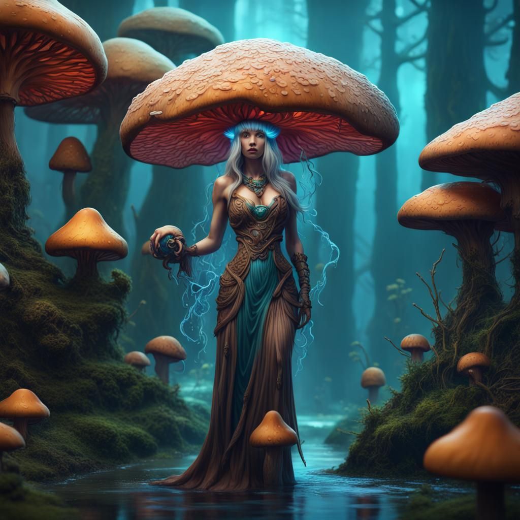 Fantastical Aquarius Mushroom Lady in Detailed Painting