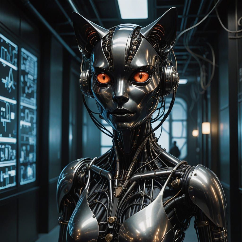 Cyberpunk Feline Burglar Hangs Above Laser Grid in Museum