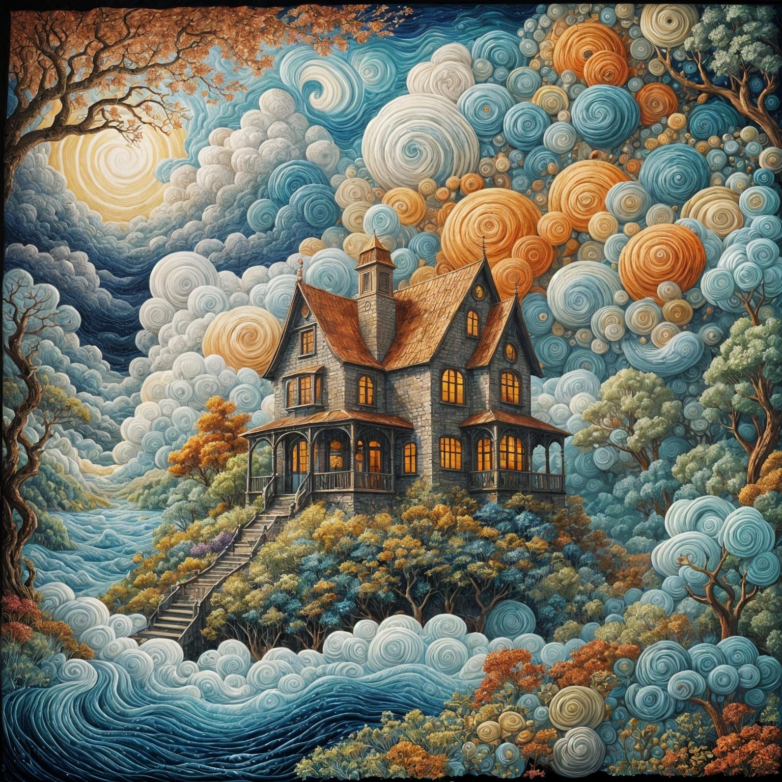 Dreamlike Seascape with Swirling Clouds