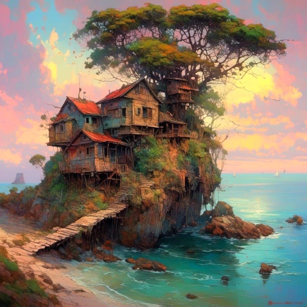 Treehouse by the Sea: Impasto Doodle Landscape