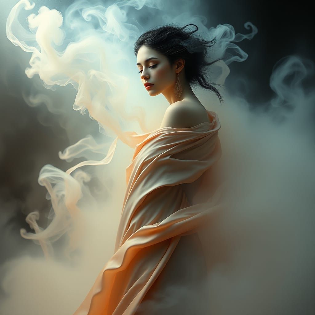 Ethereal Woman in Dreamlike State with Swirling Iridescent M...