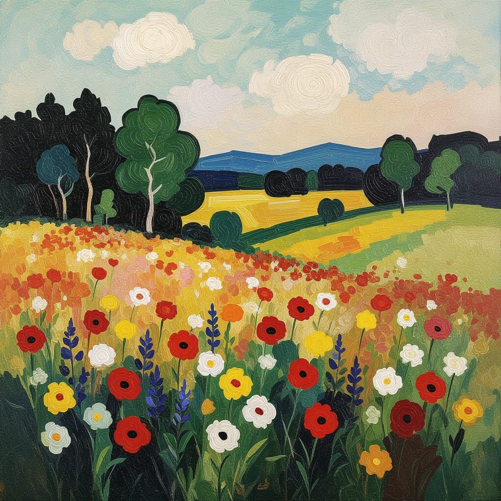 Wildflower Field with Forest in Post-Impressionist Style