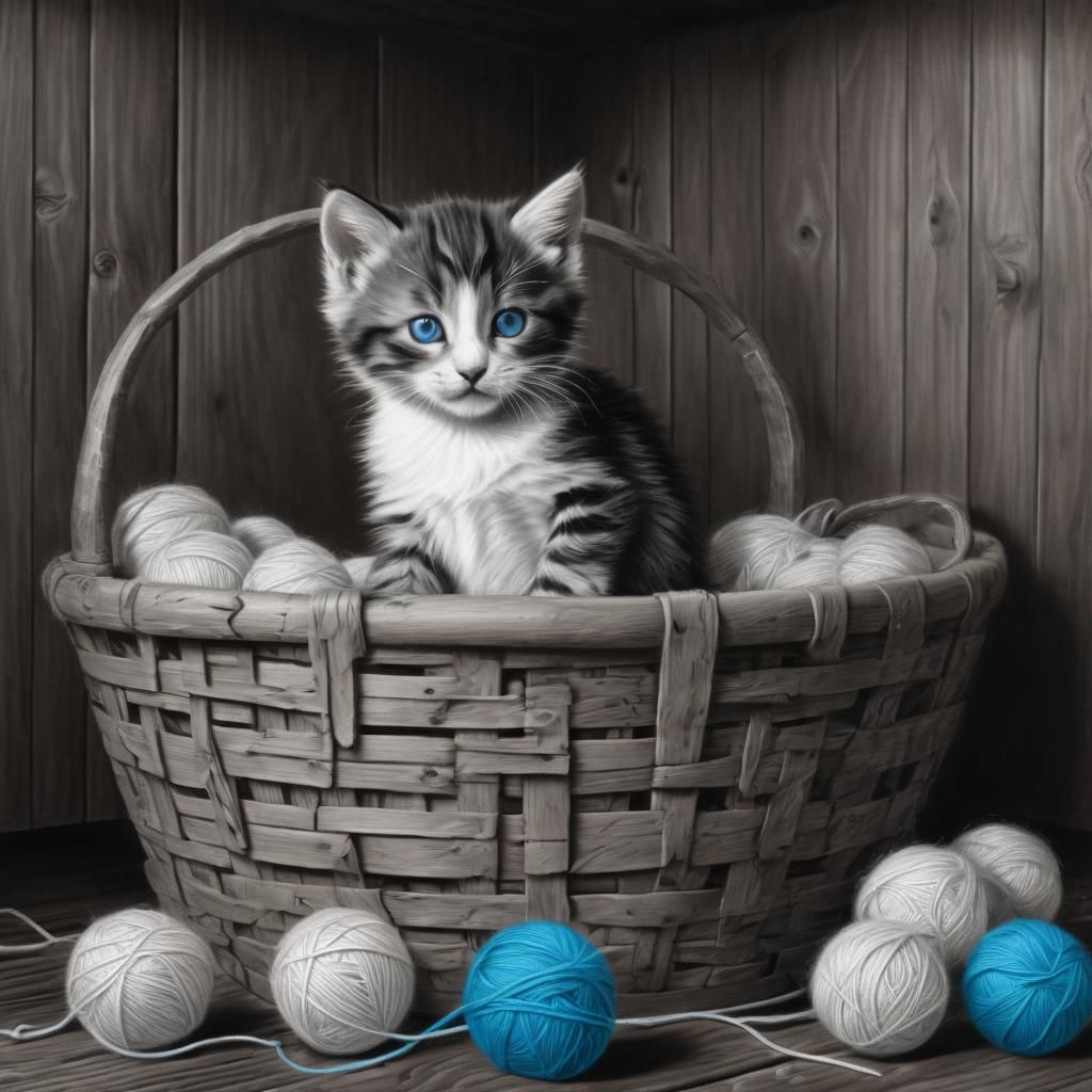 Tabby Kitten with Neon Eyes Playing with Yarn