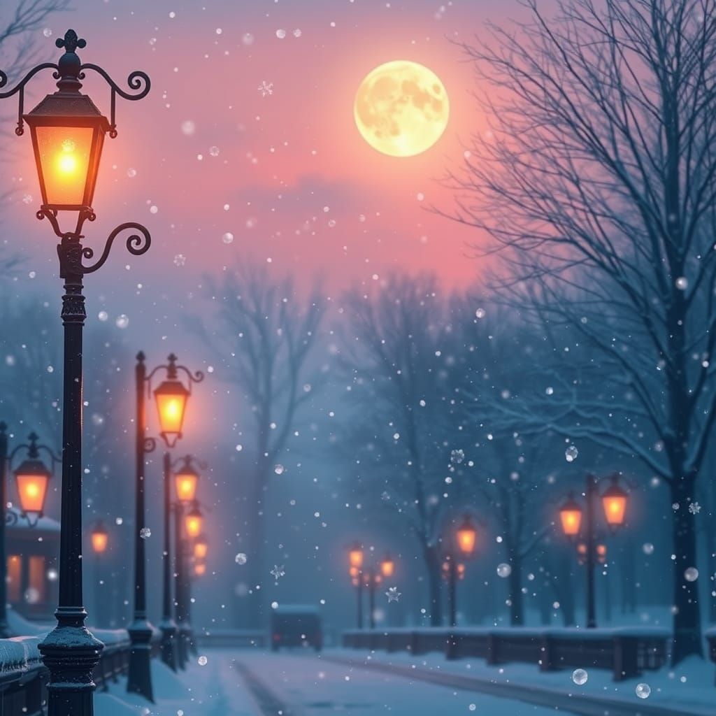 Ethereal Snowfall Scene with Antique Streetlights