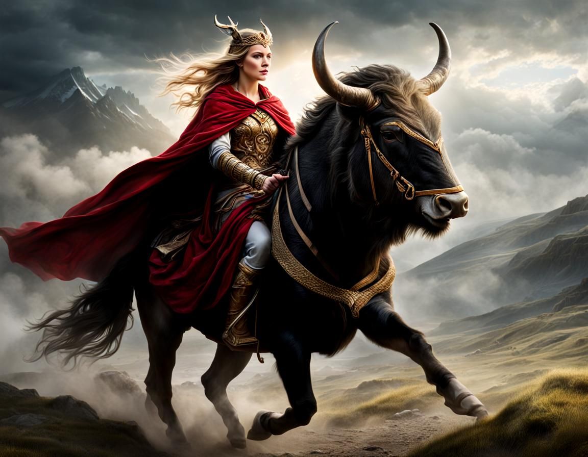 Freya Riding Her Boar in Realistic Style