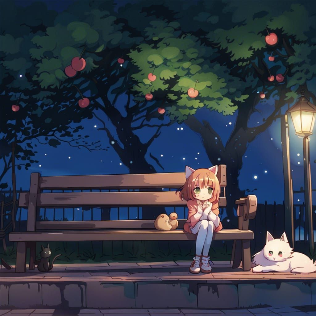 Cat Under Cherry Blossom Tree: Anime Style