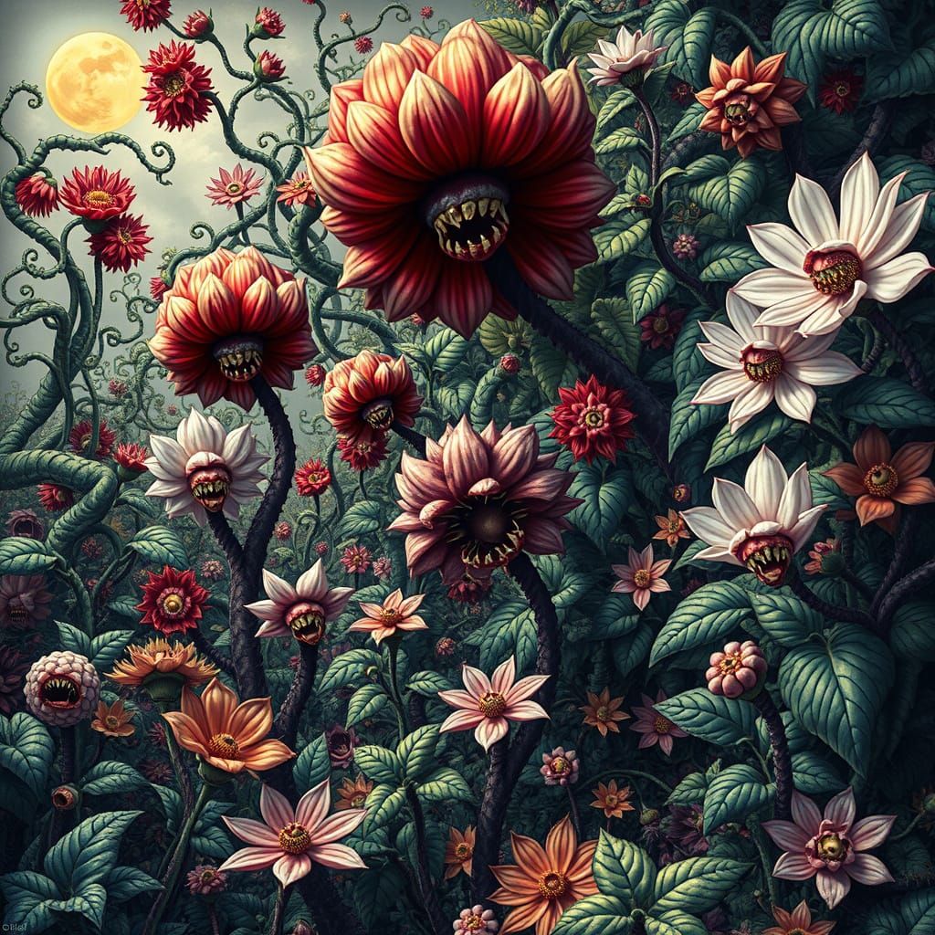 Surreal Garden with Bizarre Flowers in Dreamlike Style