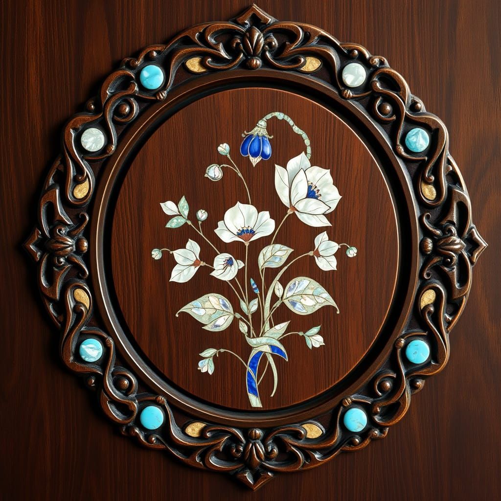 a decorative wooden panel, showcasing an oval-shaped inlaid ...