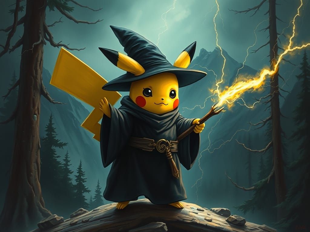 Pikachu as Goth Wizard in Dark Fantasy Style