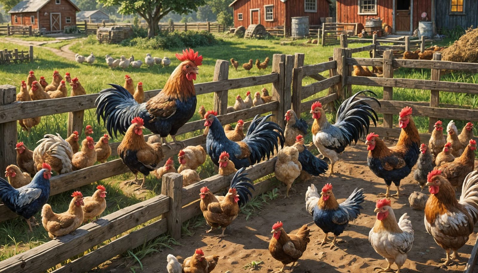 Hyperrealistic Roosters Overlook Gnome Farmer: 3D Digital Ar...