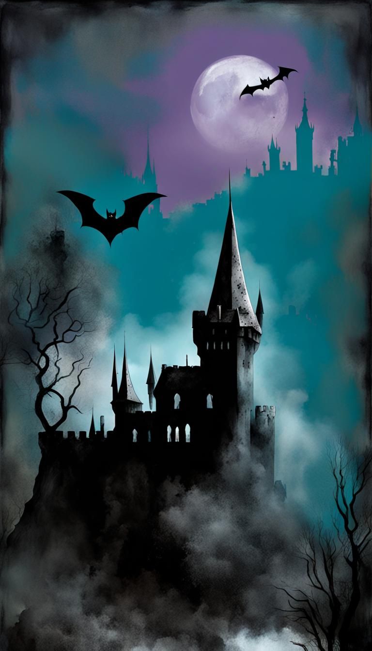 Gloomy Bat Over Castle Dracula: Dark Fantasy Art
