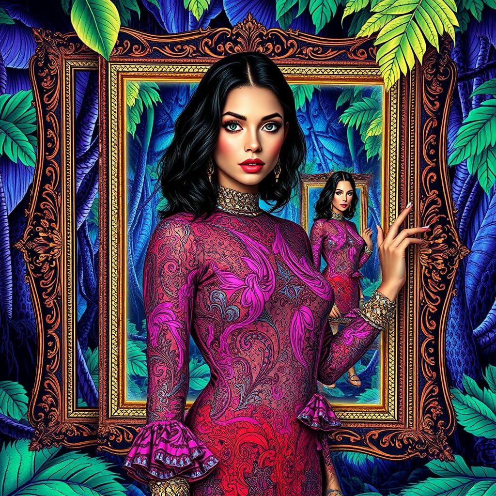 Bioluminescent Rainforest: Woman in Kaleidoscopic Droste Eff...