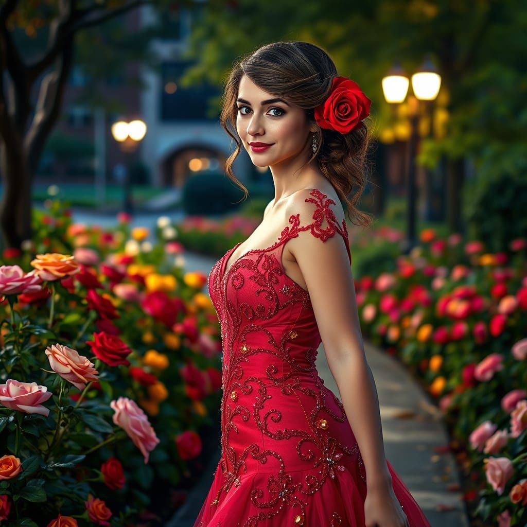 Ethereal Beauty in Red Love Gown with Rainbow Flowers