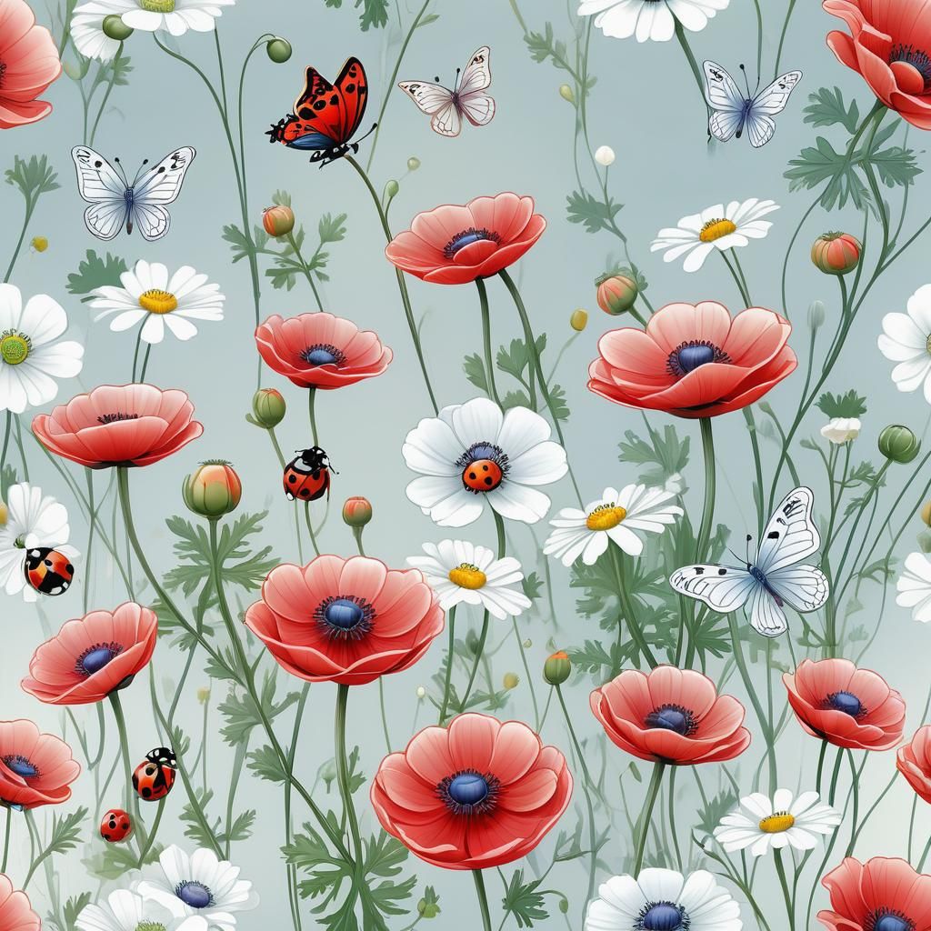 Realistic indeed cartoon drawing of red anemone flowers thin...